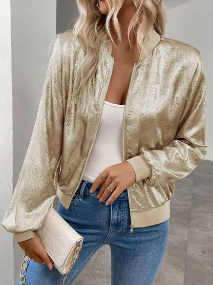 Elegant Gold Bomber Jacket for Women with Metallic Stand Collar Zip Front Style