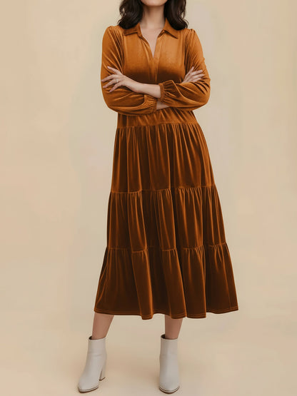Elegant Velvet Maxi Dress for Women with V-Neck Long Sleeve Empire Waist Style
