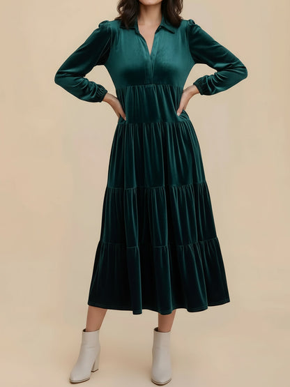 Elegant Velvet Maxi Dress for Women with V-Neck Long Sleeve Empire Waist Style