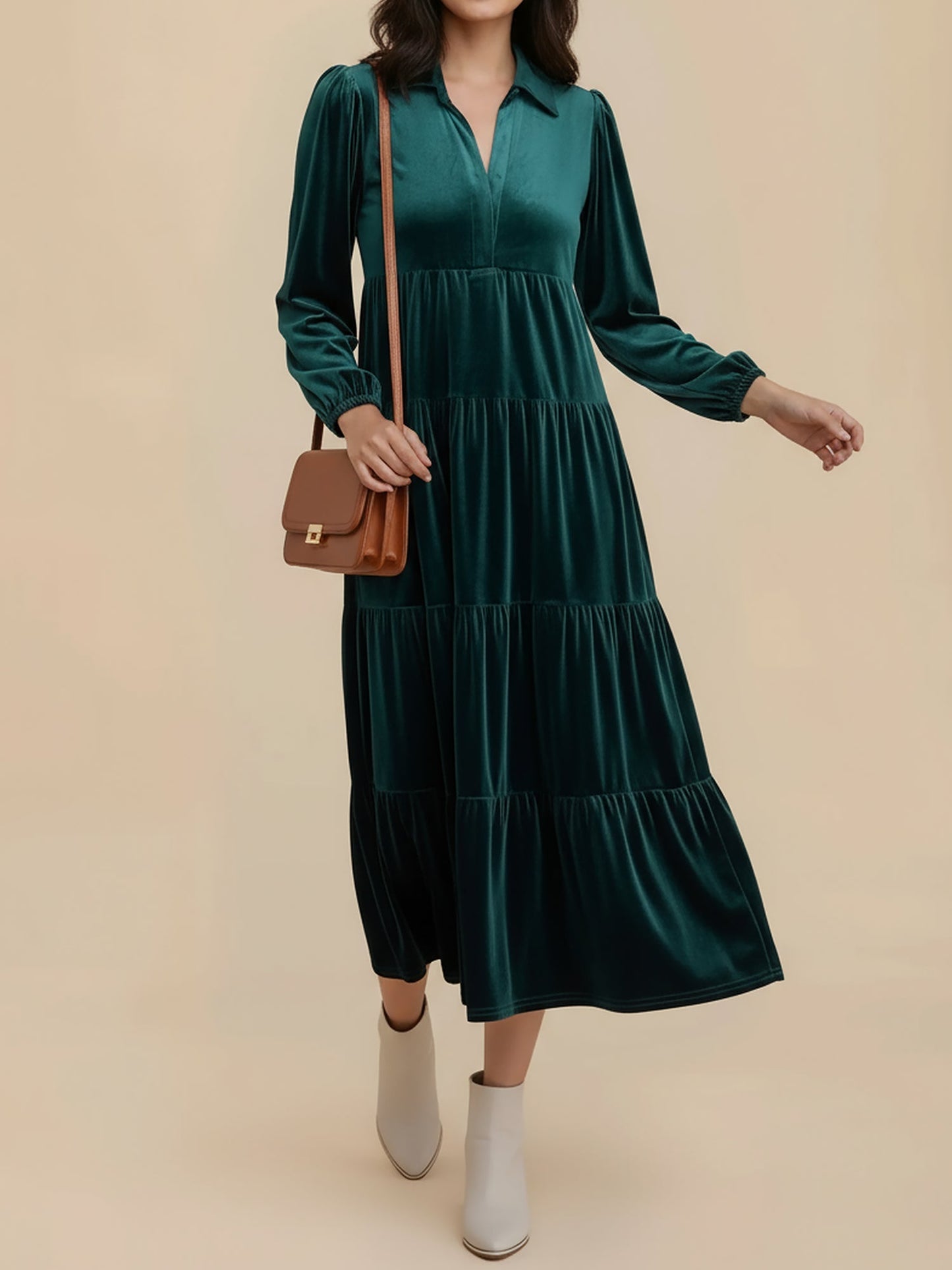 Elegant Velvet Maxi Dress for Women with V-Neck Long Sleeve Empire Waist Style
