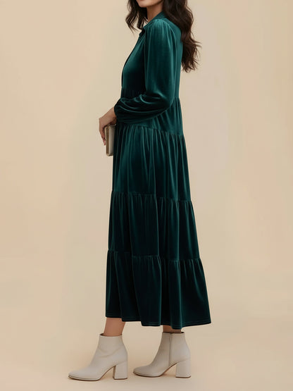Elegant Velvet Maxi Dress for Women with V-Neck Long Sleeve Empire Waist Style