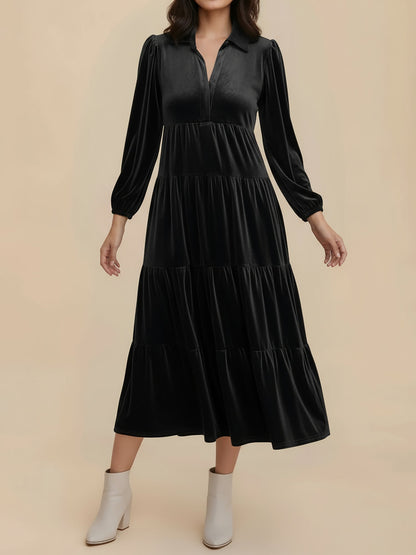 Elegant Velvet Maxi Dress for Women with V-Neck Long Sleeve Empire Waist Style