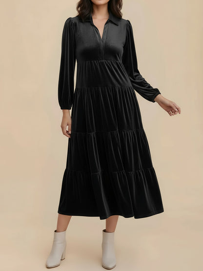 Elegant Velvet Maxi Dress for Women with V-Neck Long Sleeve Empire Waist Style