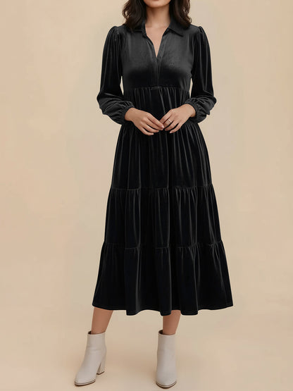 Elegant Velvet Maxi Dress for Women with V-Neck Long Sleeve Empire Waist Style
