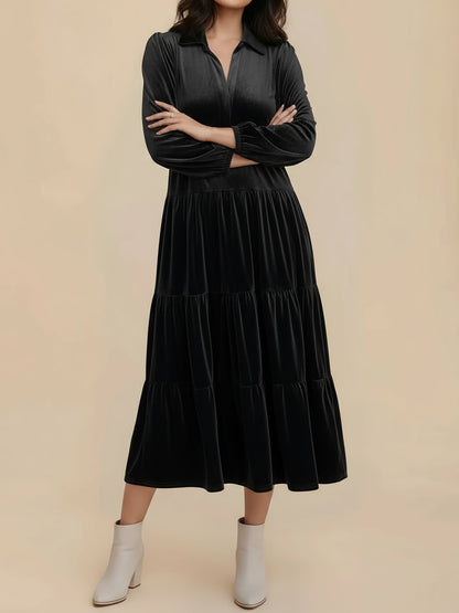 Elegant Velvet Maxi Dress for Women with V-Neck Long Sleeve Empire Waist Style