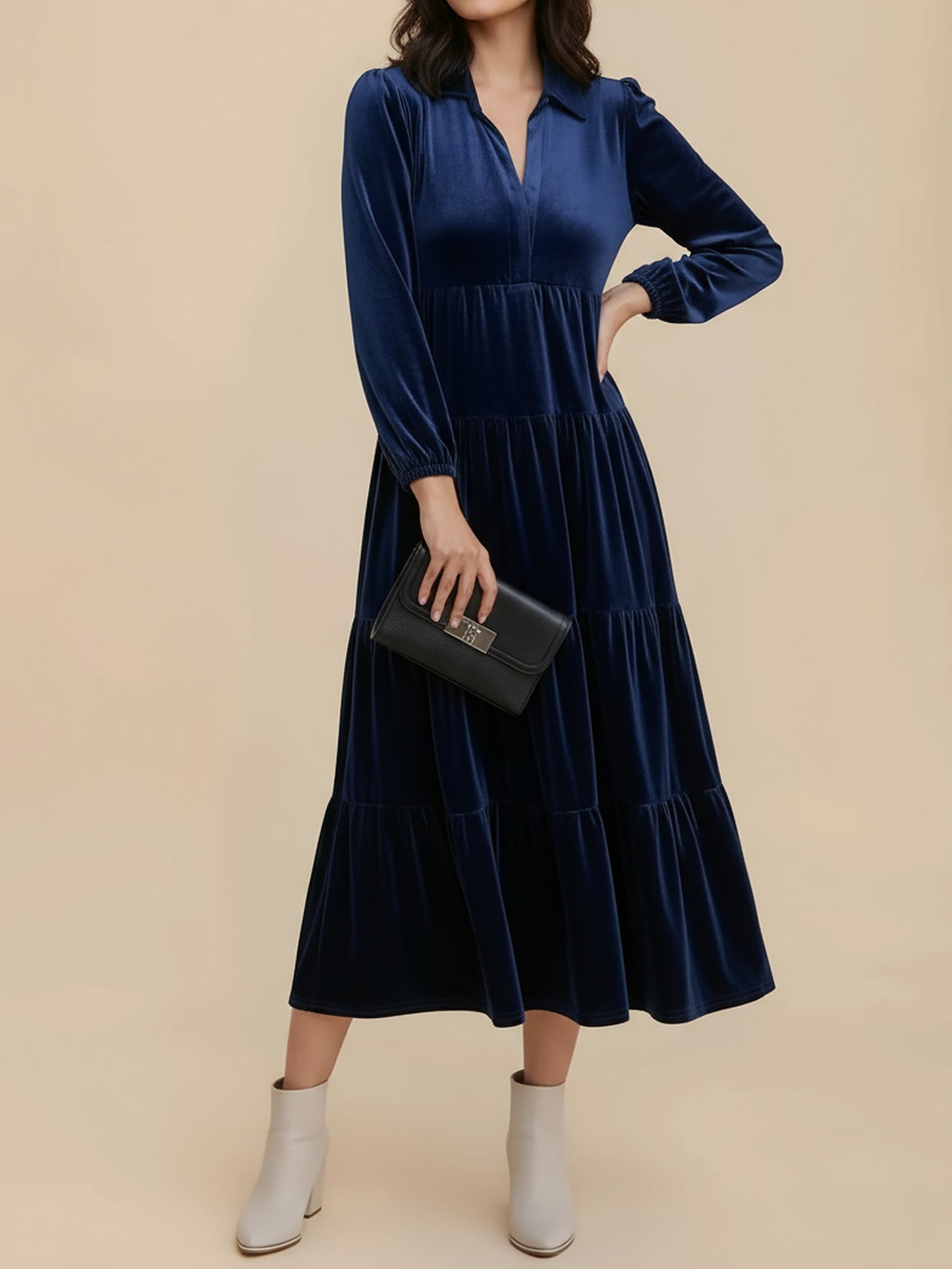 Elegant Velvet Maxi Dress for Women with V-Neck Long Sleeve Empire Waist Style