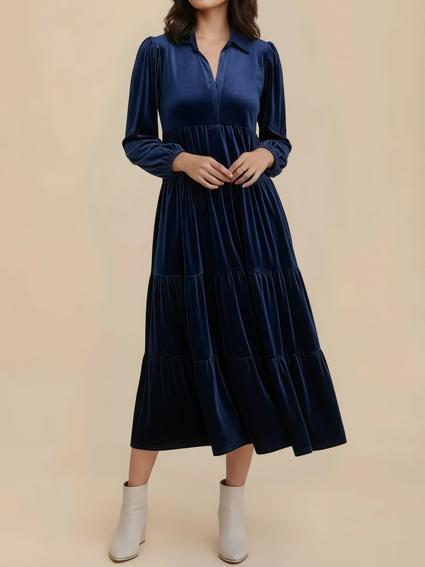 Elegant Velvet Maxi Dress for Women with V-Neck Long Sleeve Empire Waist Style