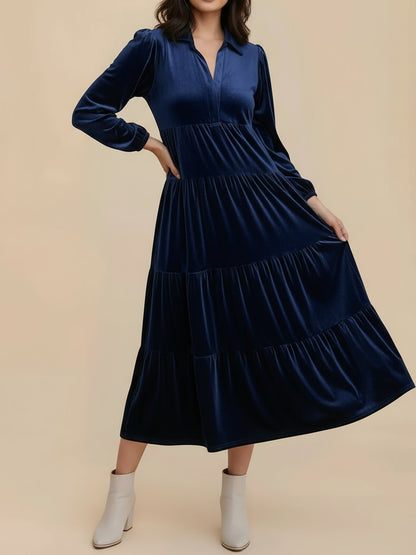 Elegant Velvet Maxi Dress for Women with V-Neck Long Sleeve Empire Waist Style