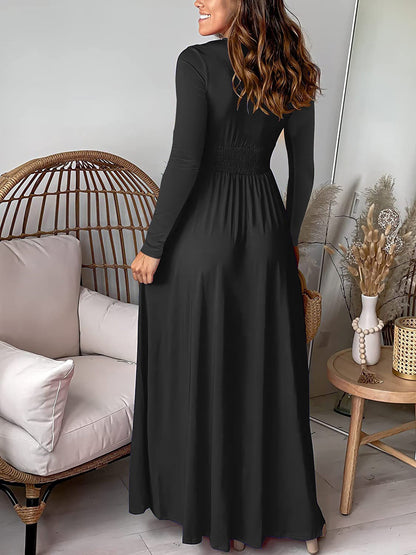 Elegant Wrap Maxi Dress for Women with V-Neck Long Sleeve Front Slit Style