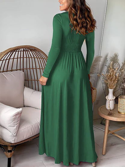 Elegant Wrap Maxi Dress for Women with V-Neck Long Sleeve Front Slit Style