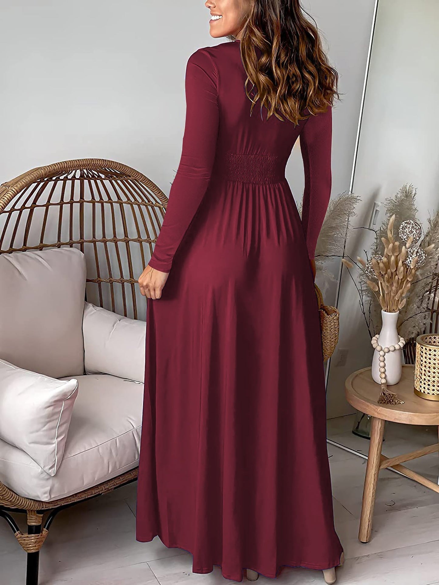 Elegant Wrap Maxi Dress for Women with V-Neck Long Sleeve Front Slit Style