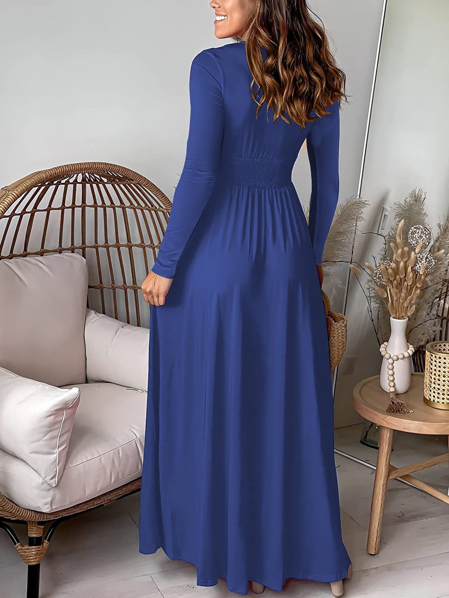 Elegant Wrap Maxi Dress for Women with V-Neck Long Sleeve Front Slit Style