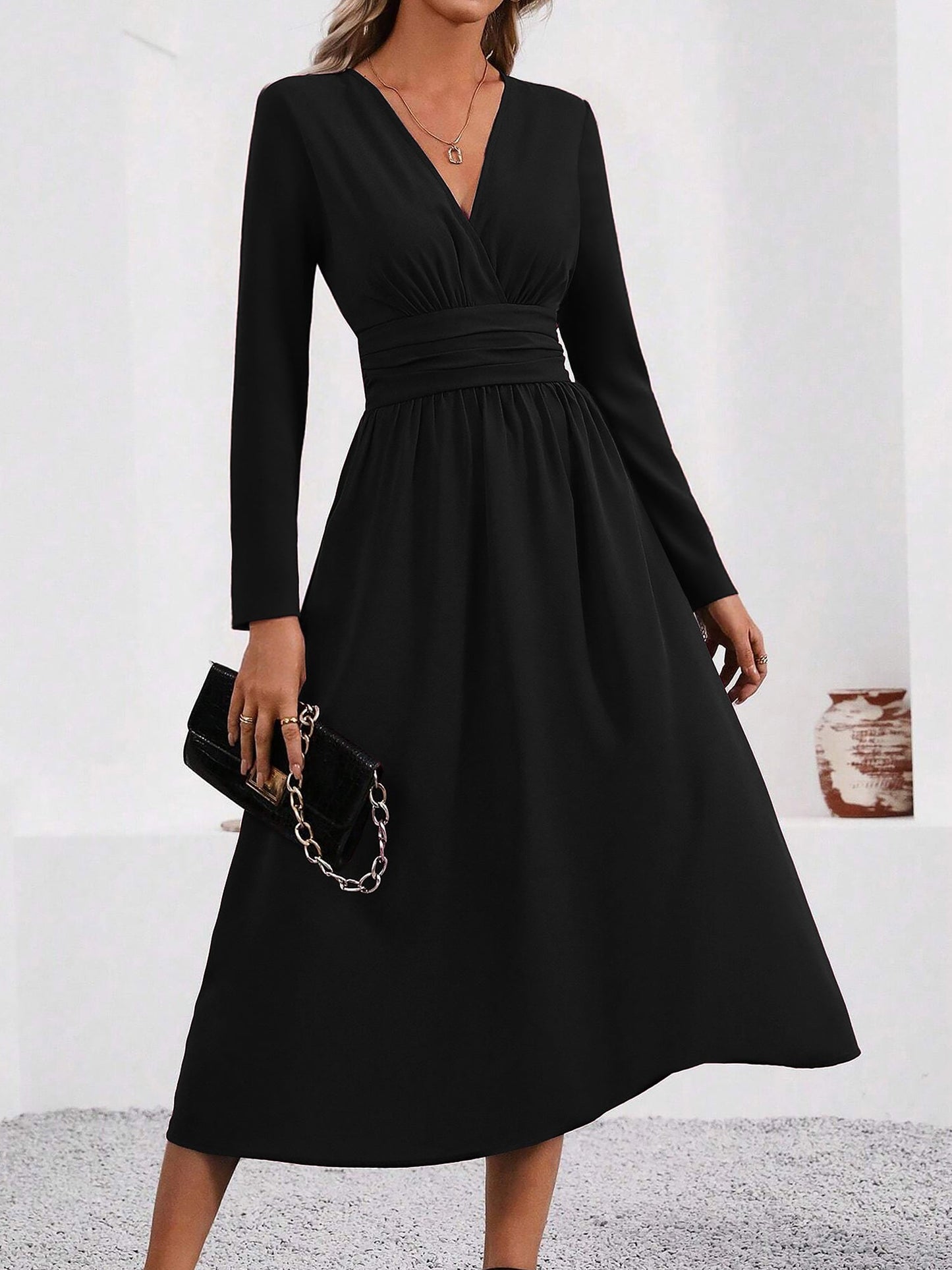 Elegant Wrap Midi Dress for Women with V-Neck Long Sleeve Asymmetric Hem Style
