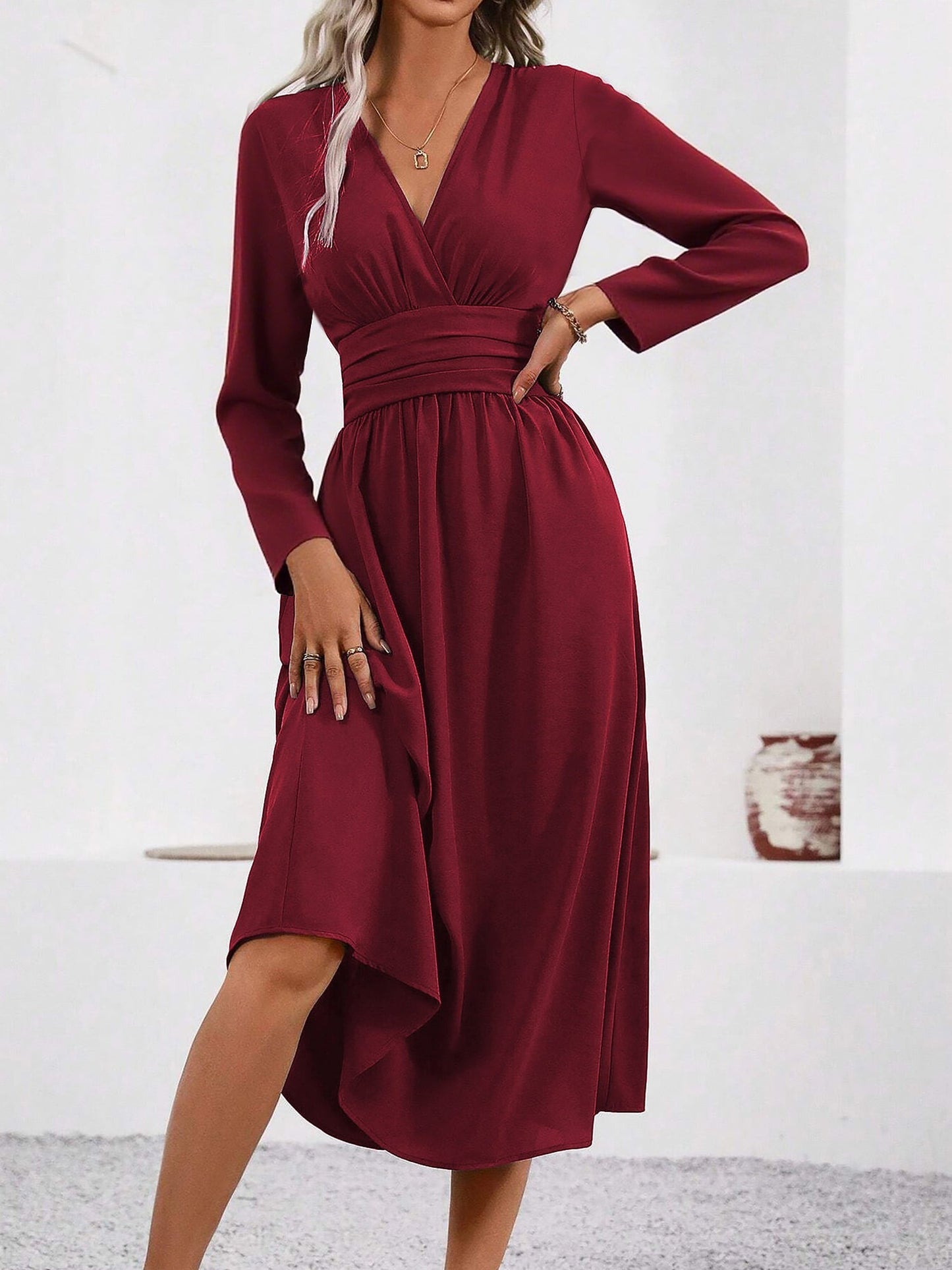 Elegant Wrap Midi Dress for Women with V-Neck Long Sleeve Asymmetric Hem Style