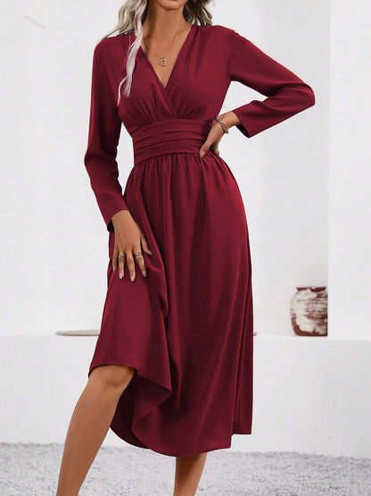 Elegant Wrap Midi Dress for Women with V-Neck Long Sleeve Asymmetric Hem Style