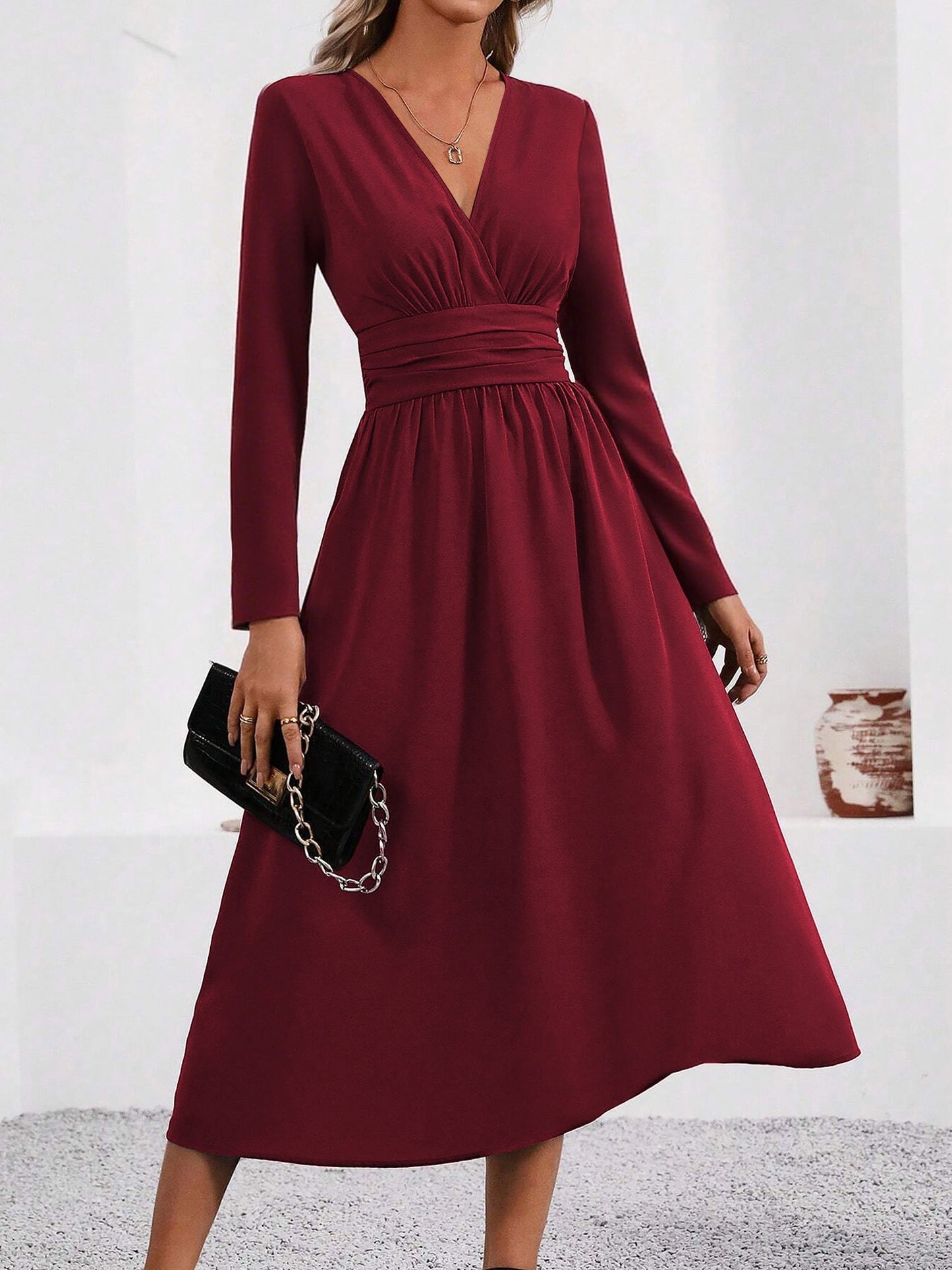 Elegant Wrap Midi Dress for Women with V-Neck Long Sleeve Asymmetric Hem Style