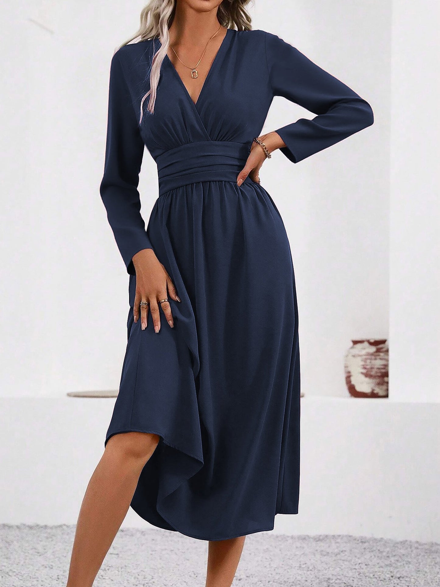 Elegant Wrap Midi Dress for Women with V-Neck Long Sleeve Asymmetric Hem Style