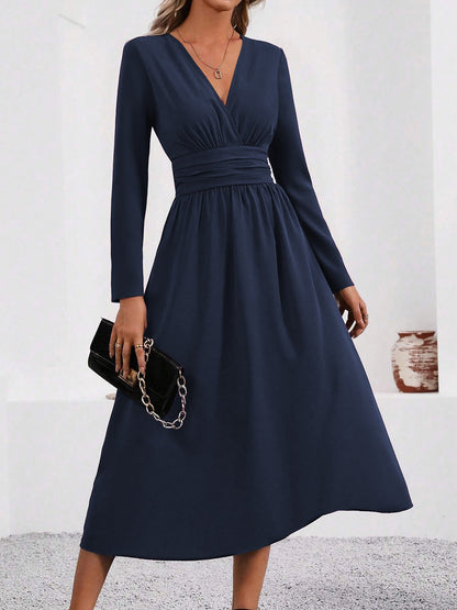Elegant Wrap Midi Dress for Women with V-Neck Long Sleeve Asymmetric Hem Style