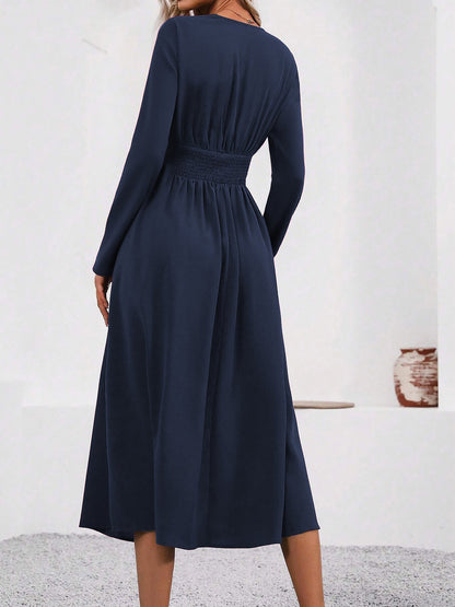 Elegant Wrap Midi Dress for Women with V-Neck Long Sleeve Asymmetric Hem Style