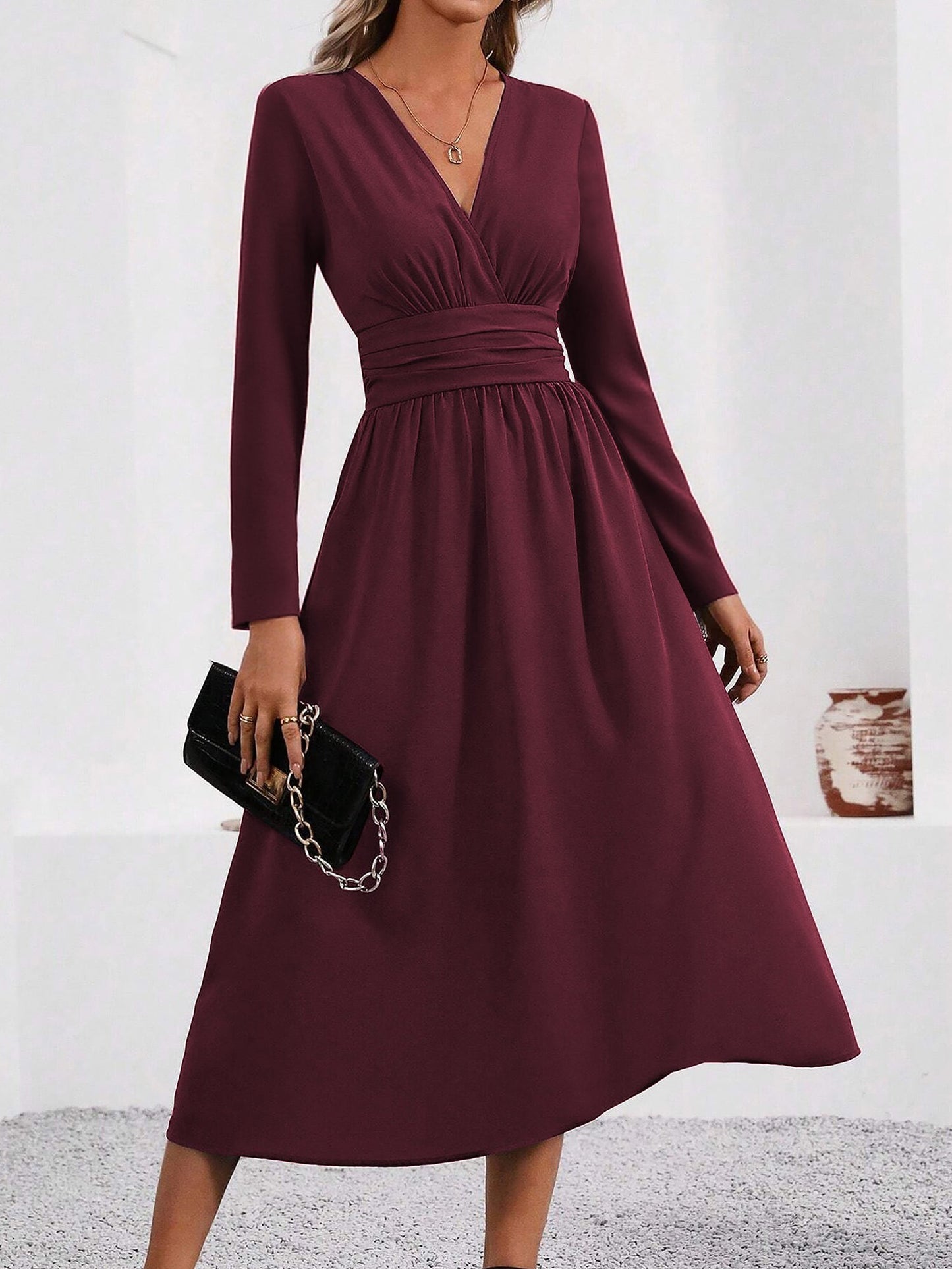 Elegant Wrap Midi Dress for Women with V-Neck Long Sleeve Asymmetric Hem Style