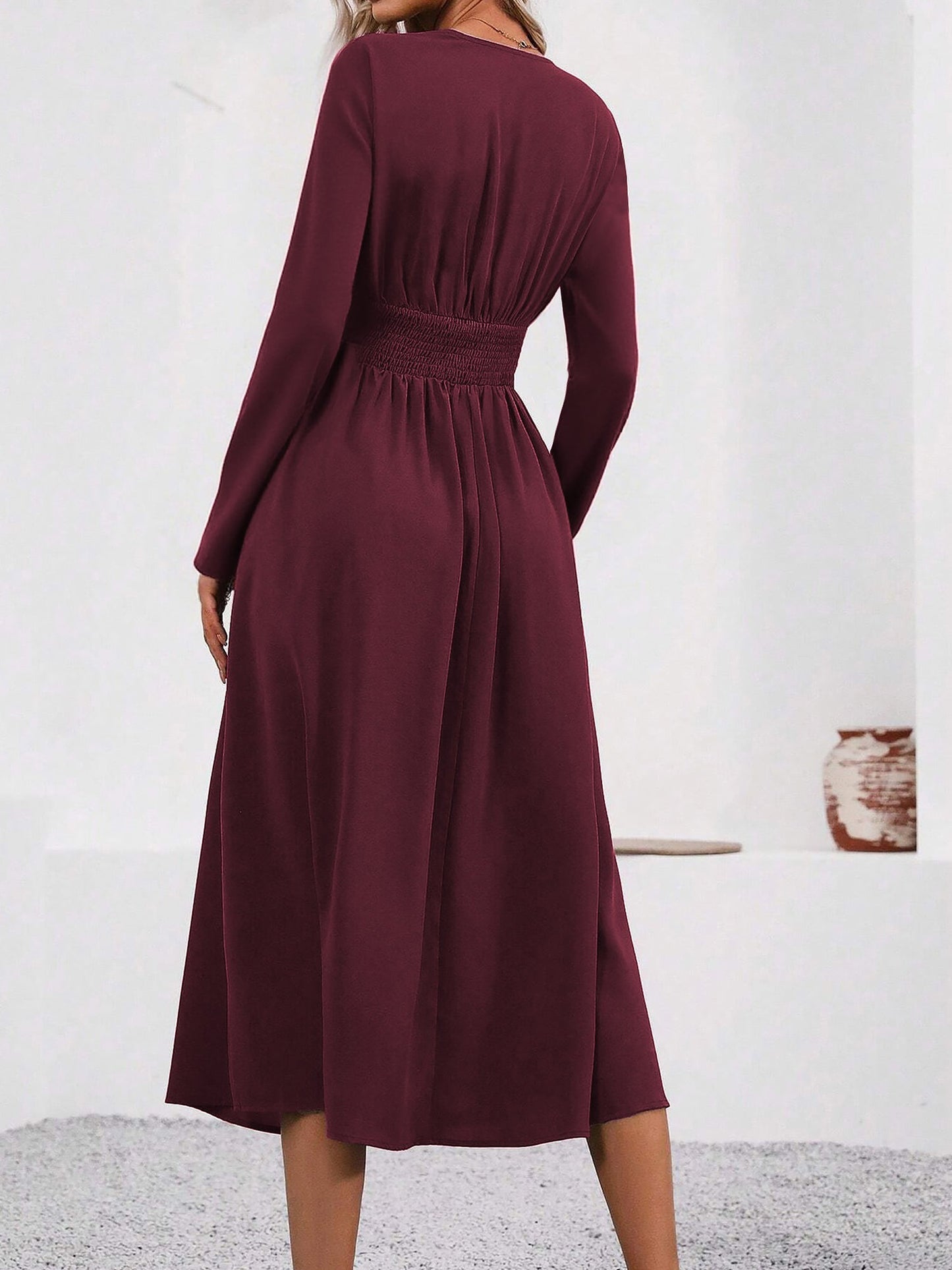 Elegant Wrap Midi Dress for Women with V-Neck Long Sleeve Asymmetric Hem Style