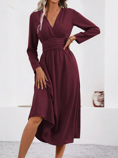 Elegant Wrap Midi Dress for Women with V-Neck Long Sleeve Asymmetric Hem Style
