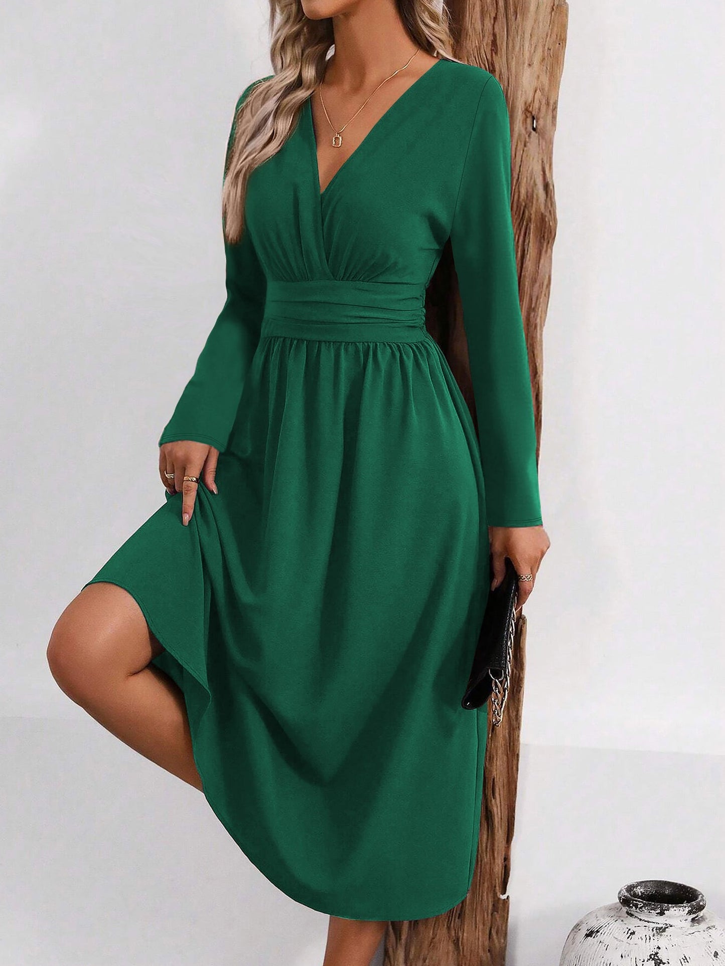 Elegant Wrap Midi Dress for Women with V-Neck Long Sleeve Asymmetric Hem Style