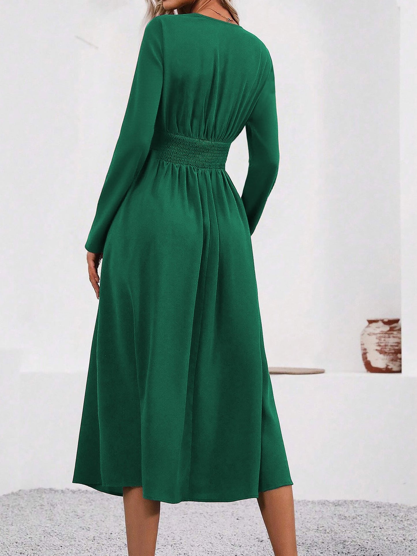 Elegant Wrap Midi Dress for Women with V-Neck Long Sleeve Asymmetric Hem Style