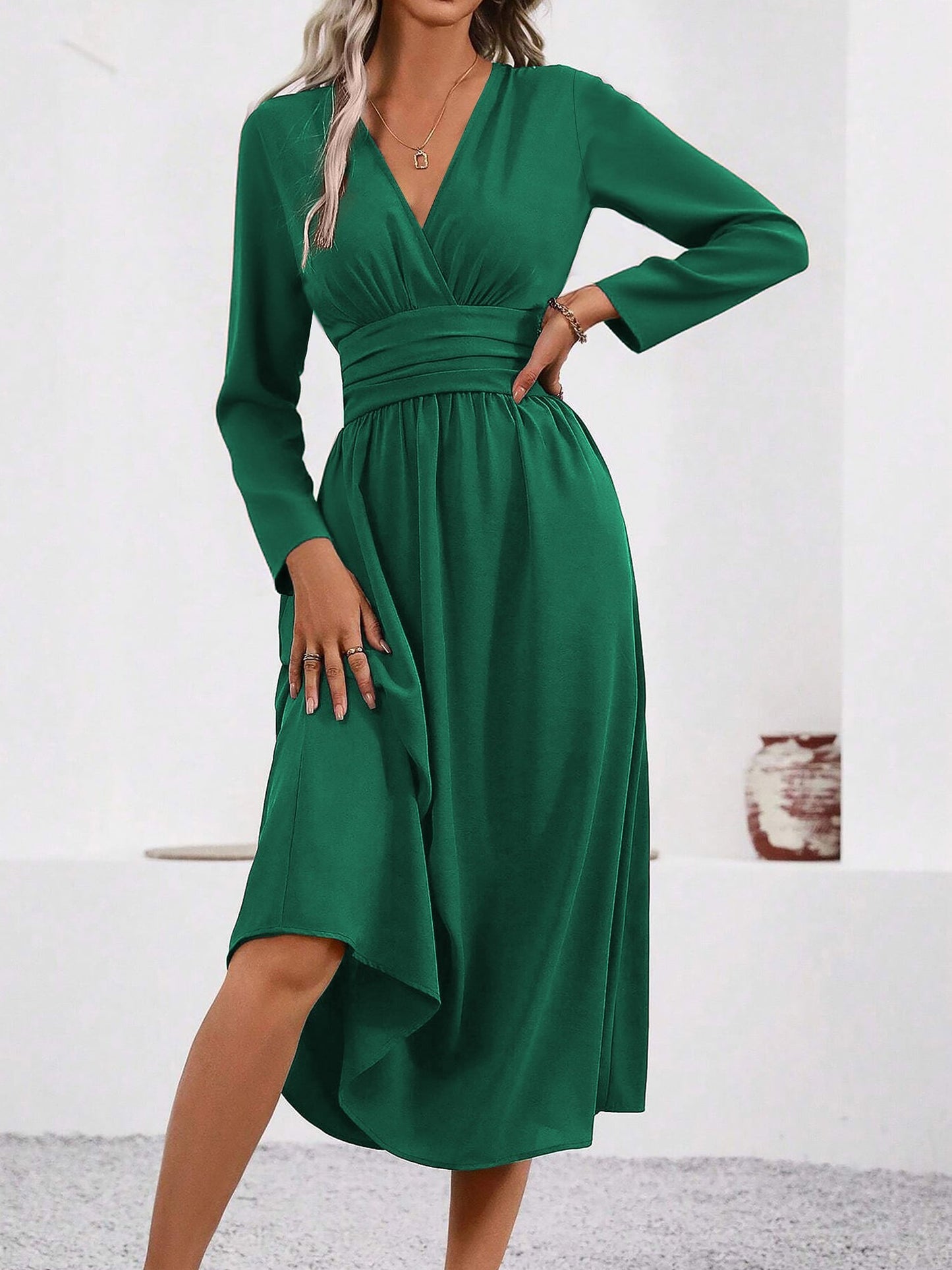 Elegant Wrap Midi Dress for Women with V-Neck Long Sleeve Asymmetric Hem Style