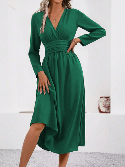 Elegant Wrap Midi Dress for Women with V-Neck Long Sleeve Asymmetric Hem Style