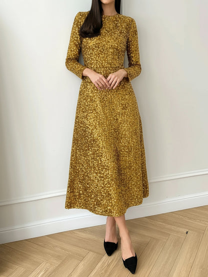 Elegant Sequin Maxi Dress for Women with Mock Neck Long Sleeve Fitted Style