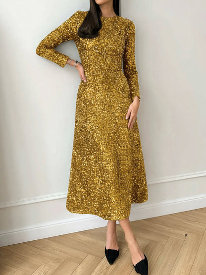 Elegant Sequin Maxi Dress for Women with Mock Neck Long Sleeve Fitted Style