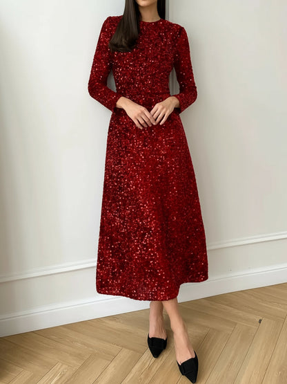 Elegant Sequin Maxi Dress for Women with Mock Neck Long Sleeve Fitted Style