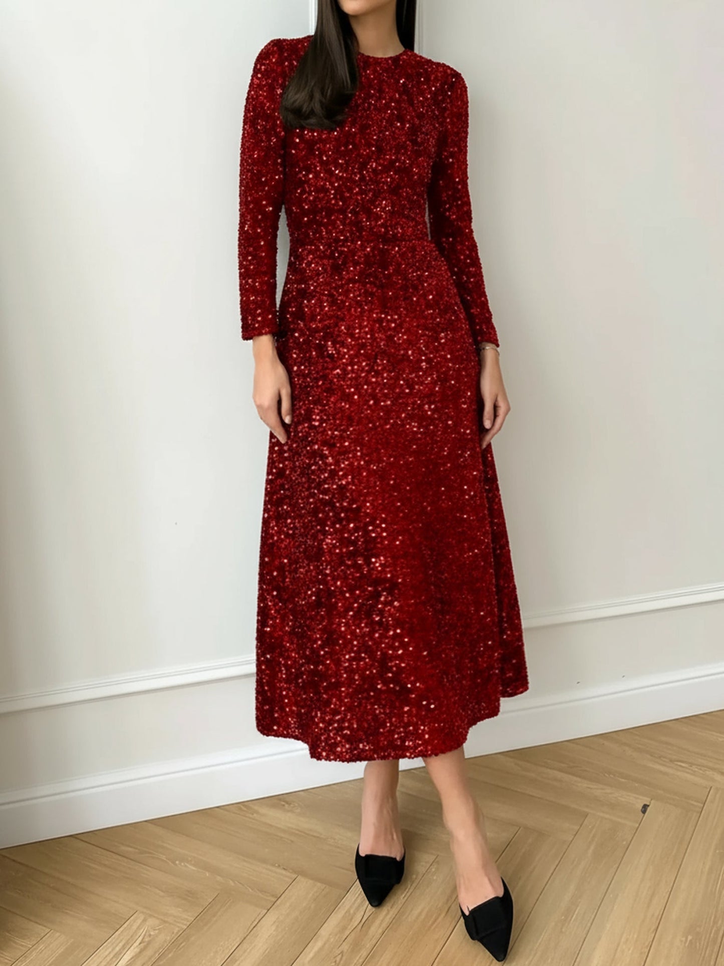 Elegant Sequin Maxi Dress for Women with Mock Neck Long Sleeve Fitted Style