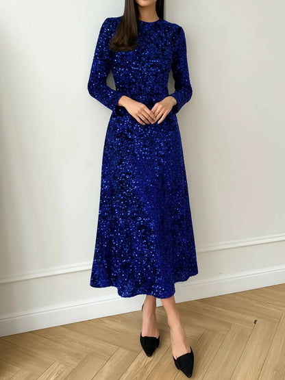 Elegant Sequin Maxi Dress for Women with Mock Neck Long Sleeve Fitted Style