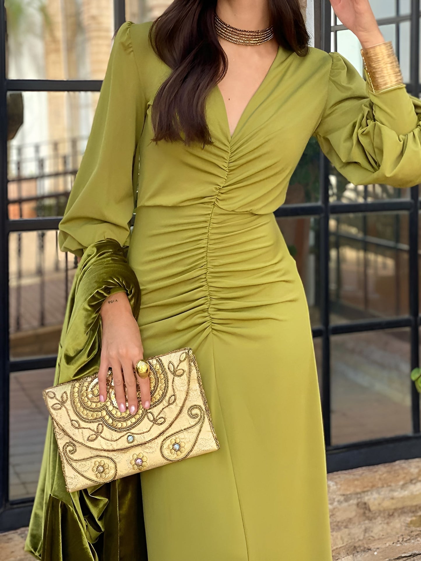 Elegant Wrap Maxi Dress for Women with V-Neck Long Sleeve Ruched Waist Style