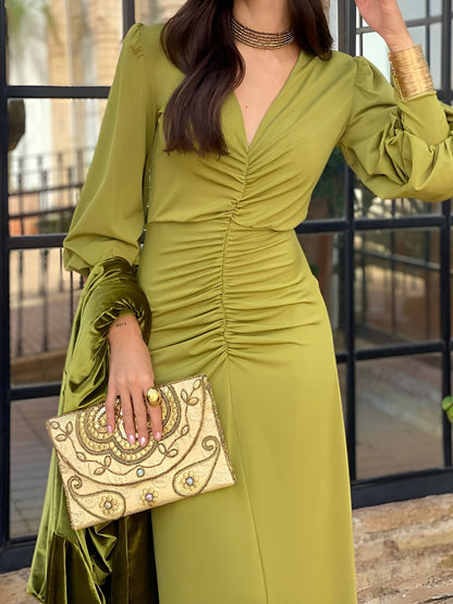 Elegant Wrap Maxi Dress for Women with V-Neck Long Sleeve Ruched Waist Style