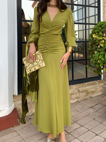 Elegant Wrap Maxi Dress for Women with V-Neck Long Sleeve Ruched Waist Style