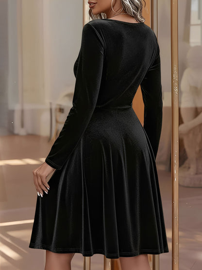 Elegant Velvet Fit And Flare Dress for Women with Round Neck Long Sleeve Style
