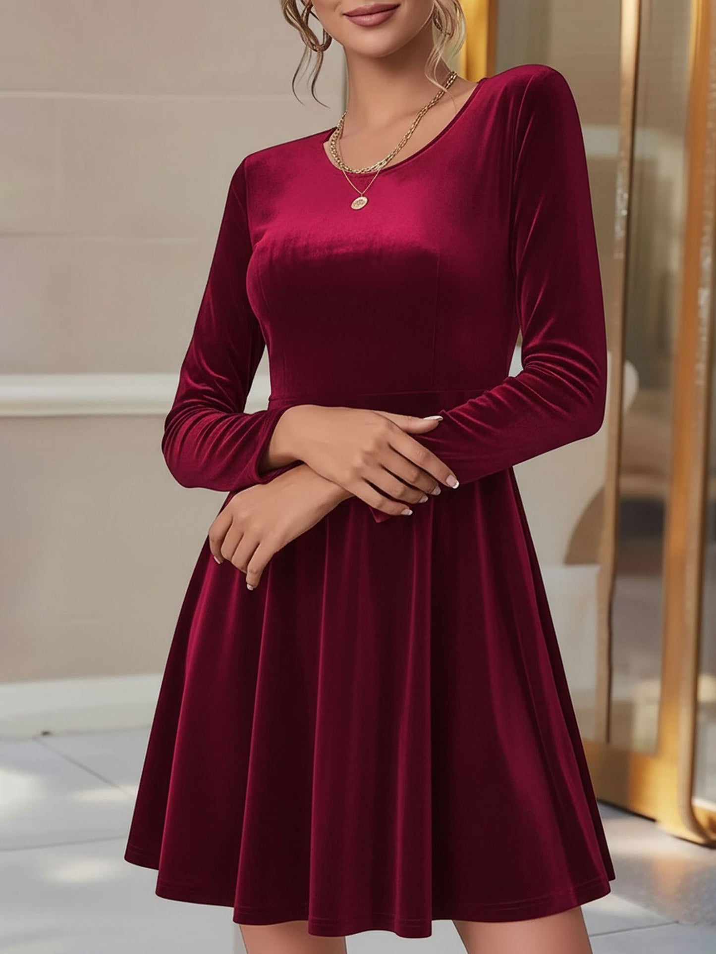 Elegant Velvet Fit And Flare Dress for Women with Round Neck Long Sleeve Style