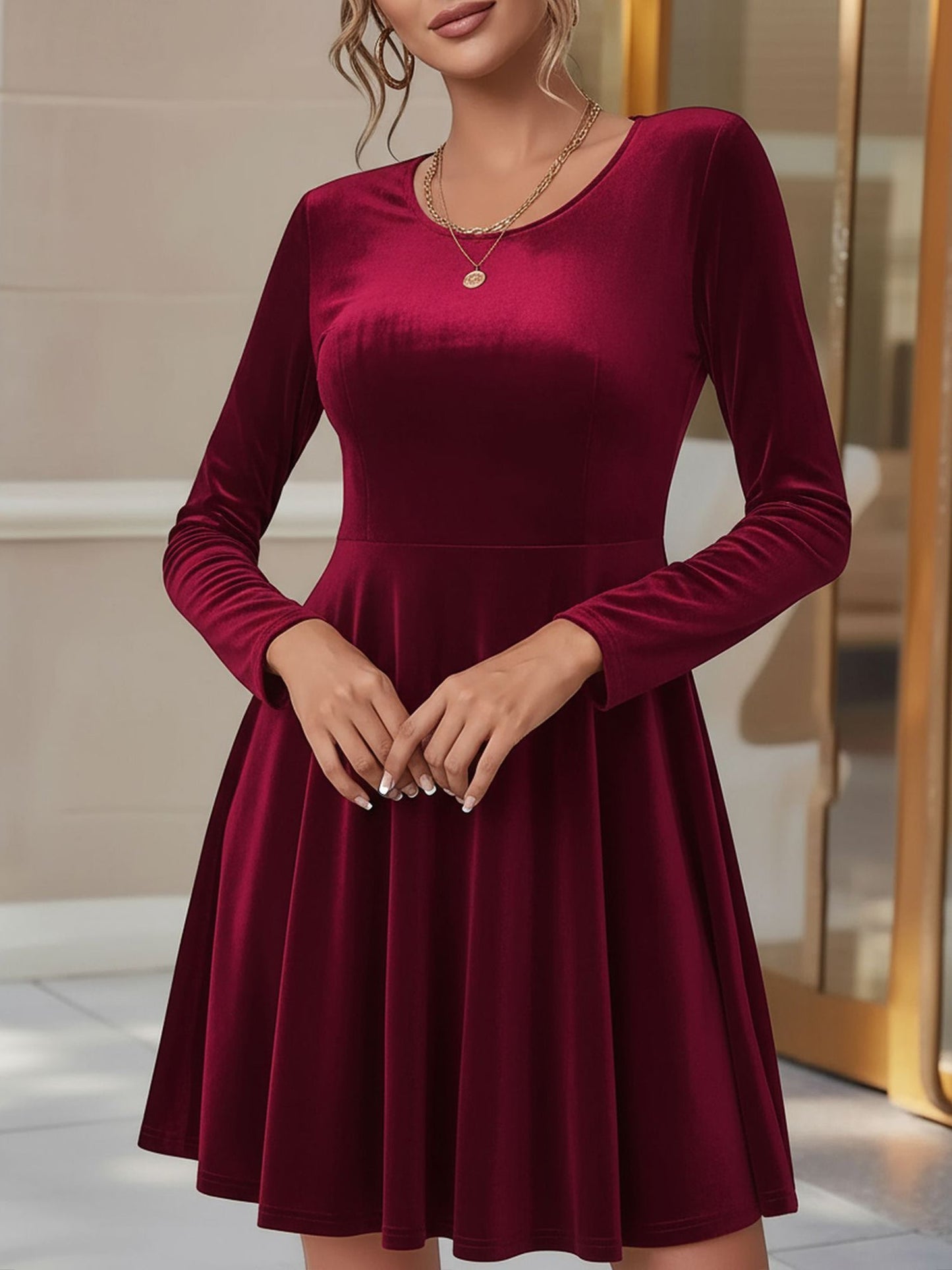 Elegant Velvet Fit And Flare Dress for Women with Round Neck Long Sleeve Style