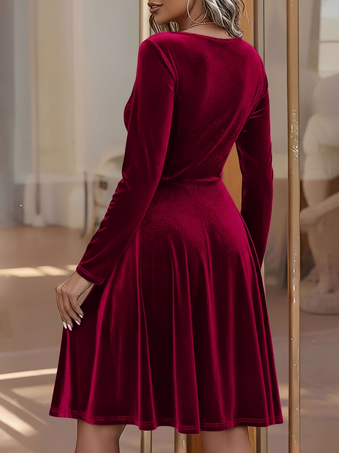 Elegant Velvet Fit And Flare Dress for Women with Round Neck Long Sleeve Style