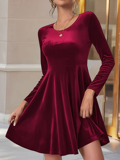 Elegant Velvet Fit And Flare Dress for Women with Round Neck Long Sleeve Style