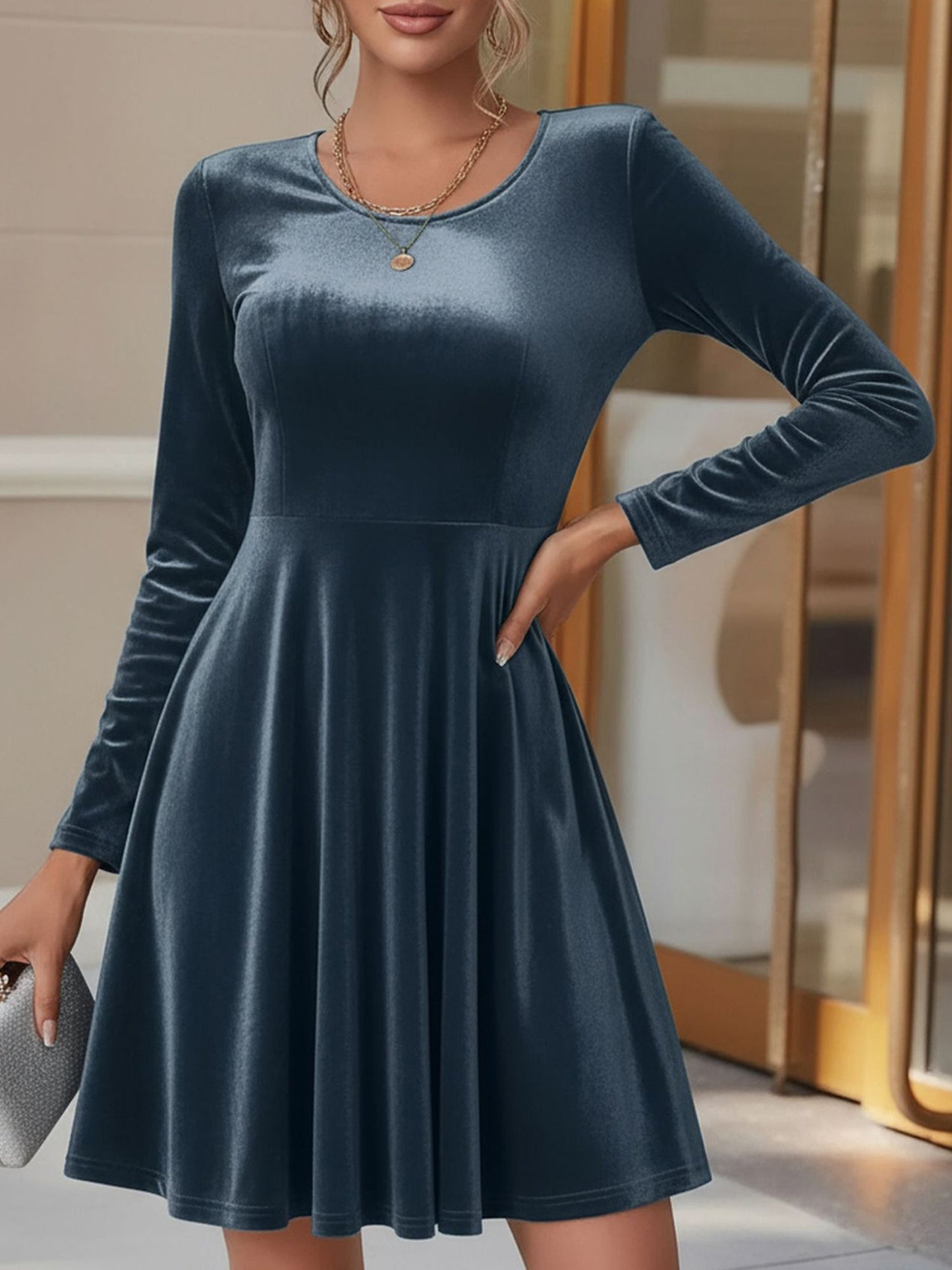 Elegant Velvet Fit And Flare Dress for Women with Round Neck Long Sleeve Style