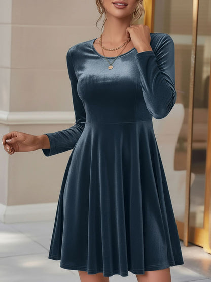 Elegant Velvet Fit And Flare Dress for Women with Round Neck Long Sleeve Style