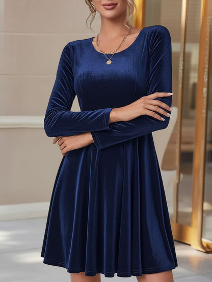 Elegant Velvet Fit And Flare Dress for Women with Round Neck Long Sleeve Style