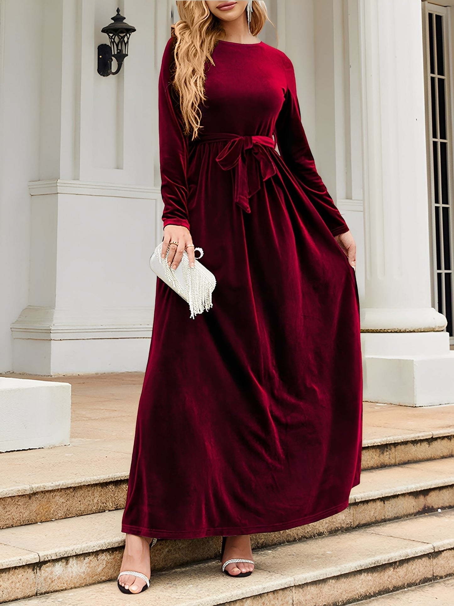 Elegant Velvet Maxi Dress for Women with Boat Neck Long Sleeve Belted Waist Style
