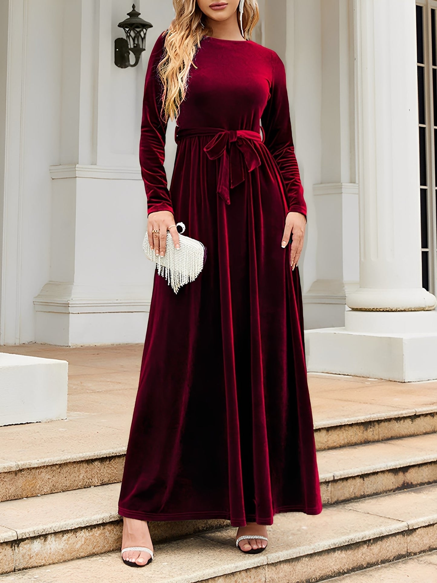 Elegant Velvet Maxi Dress for Women with Boat Neck Long Sleeve Belted Waist Style