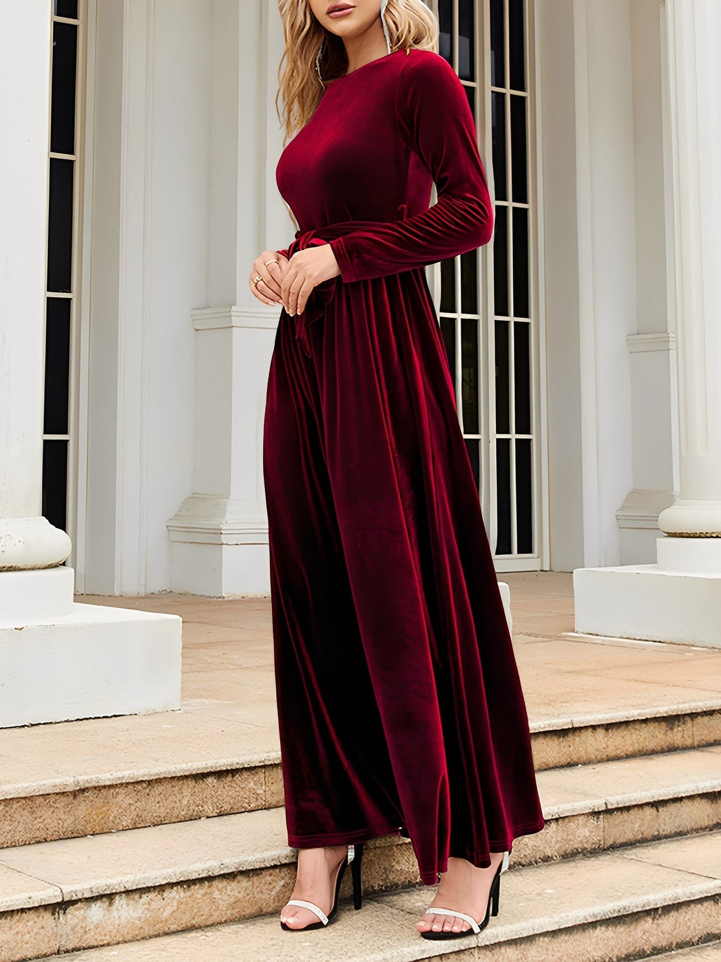 Elegant Velvet Maxi Dress for Women with Boat Neck Long Sleeve Belted Waist Style