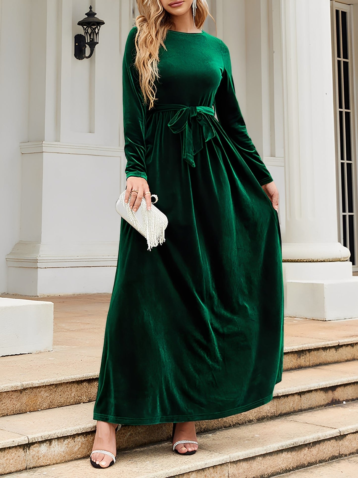 Elegant Velvet Maxi Dress for Women with Boat Neck Long Sleeve Belted Waist Style
